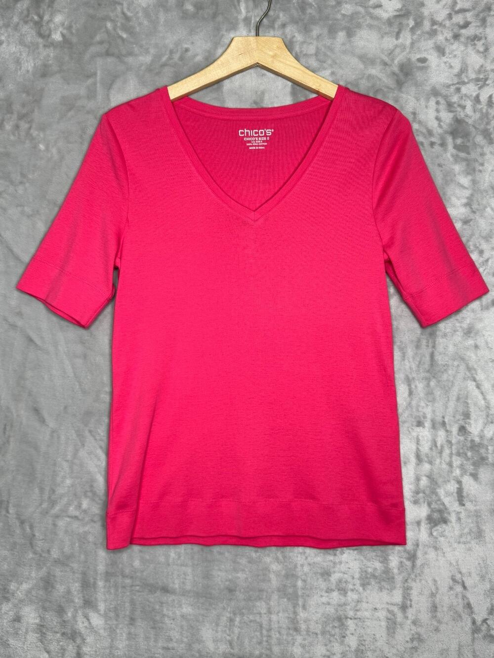 Chicos Top Womens Small Pink V Neck T Shirt Short Sleeve 100% Pima Cotton Casual